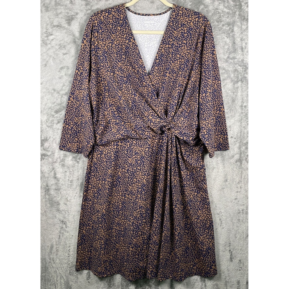 Lands End Dress 1X Blue Tan Cotton Stretch Gathered Waist Travel Comfort Spring‎